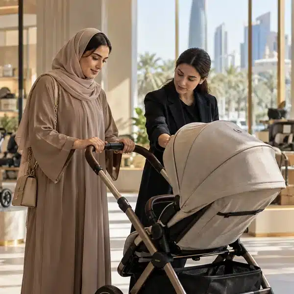 Saudi mother exploring a premium baby stroller in a showroom, illustrating brand research and consumer purchasing decisions in Saudi Arabia.