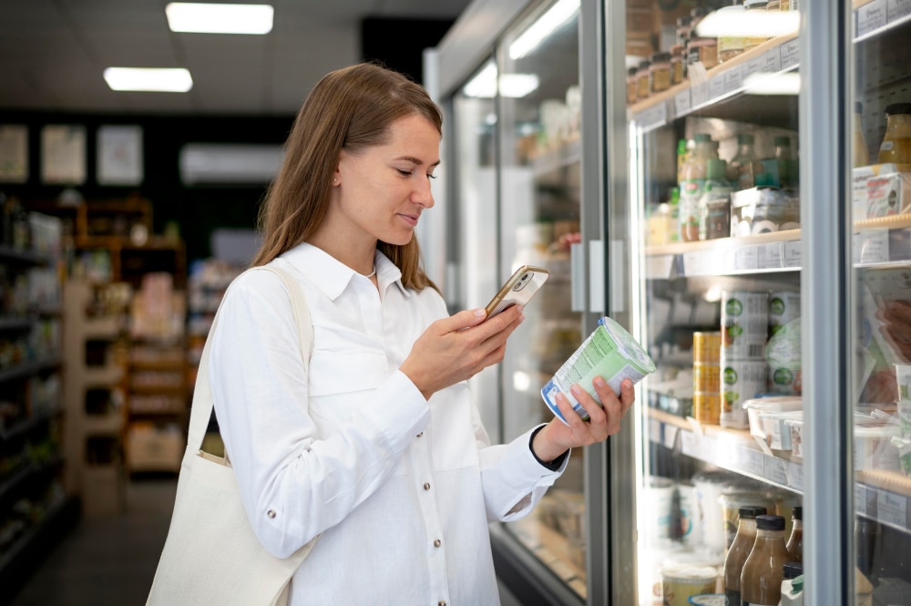 Woman scanning product in grocery store