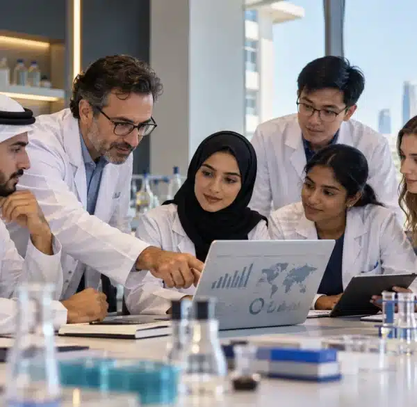 Life sciences market research in the UAE with students and researchers in a laboratory setting