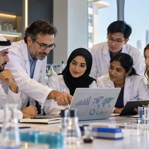 Life sciences market research in the UAE with students and researchers in a laboratory setting